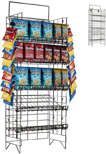 STEELAID Chip Display Rack, Concession Stand Commercial Grade Metal, 5 Adjustable Wire Shelves and 48 Clips, Candy Display Rack Snack Stand, 18x14x60
