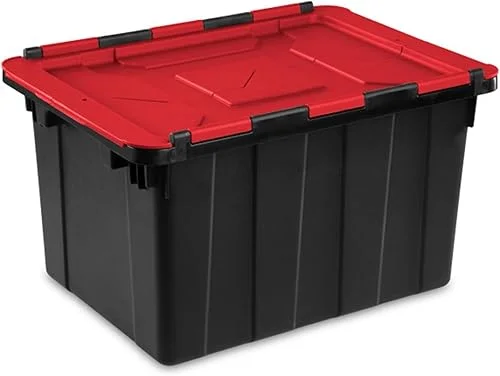 Sterilite 6 Pack Hinged Lid Industrial Totes, 12 Gal Stackable Storage Bins, Black/Red Lid