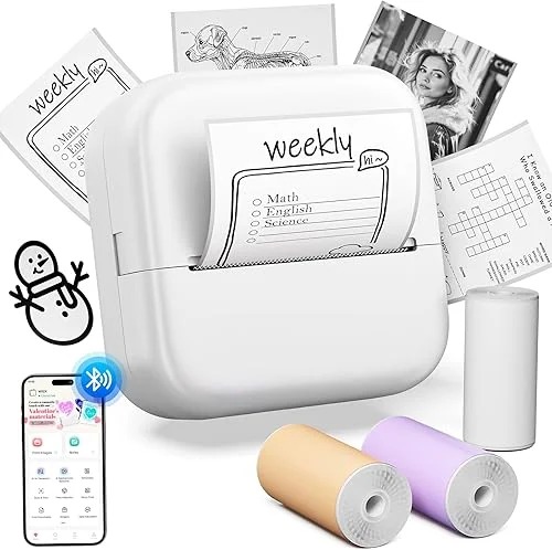 Sticker Maker M02X Mini Printer Bluetooth Print Pod Inkless Pocket Portable Photo Printer Come with 3 Rolls Paper for Study Notes,Memories,Photo,Receipt, Gift