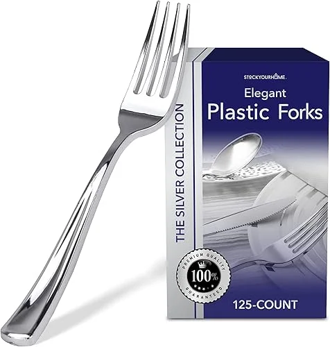 Stock Your Home 125 Disposable Heavy Duty Plastic Forks, Fancy Plastic Silverware Looks Like Real Cutlery – Utensils Perfect for Catering Events, Restaurants, Parties and Weddings (Silver)