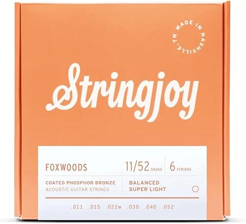 Stringjoy FW1152 Foxwoods Coated Phosphor Bronze Acoustic Guitar Strings, 11-52 Super Light Gauge, Guitar Strings Acoustic 6 String Set