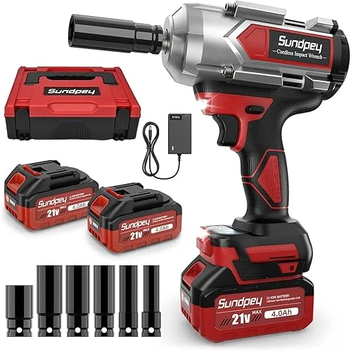 Sundpey Cordless Impact Wrench 900Ft-lbs(1200N·m) – 1/2 Inch Brushless Impact Driver with 2 * 4.0Ah Battery – 21V 2600RPM High Torque Impact Gun for Car Truck with Fast Charger & 6 Sockets & Case