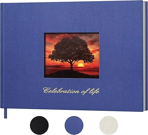 SUNEE Funeral Guest Book for Memorial & Funeral Services – in Loving Memory Funeral Book, Celebration of Life Guest Book with 100 Lined Pages, Table Sign, Ribbon Bookmark and Linen Hardcover, Black