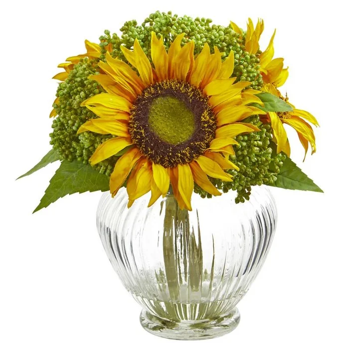Sunflower Artificial Arrangement in Ribbed Glass Vase