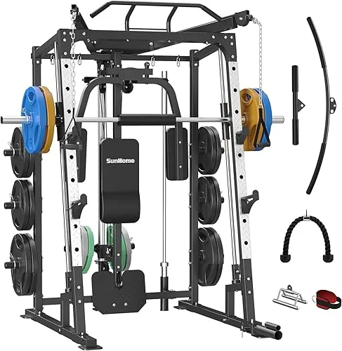 SunHome Smith Machine, 2000LBS Power Cage Squat Rack with Smith Bar, Two LAT Pull-Down Systems, Cable Crossover Machine and and More Cable Attachment for Home Gym