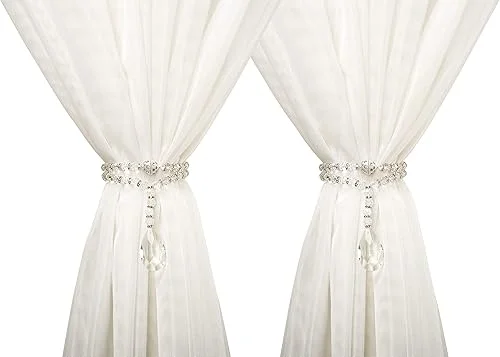 SUQ I OME 1 Pair of Luxury Crystal Beaded Magnetic Curtain Tieback and Holdback Curtain Clips Curtain Buckle Curtain Holder Blingbling Curtain Holdbacks for Drapes,Crystal