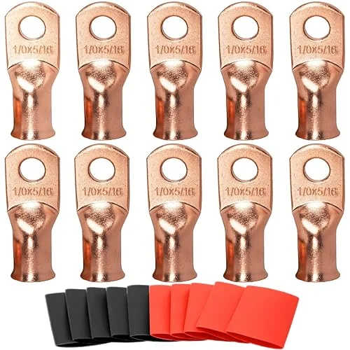 SVAAR 0 Gauge Copper Lugs – 1/0 AWG-5/16 Ring Terminals & Battery Cable Ends – 10PCS Heavy Duty Battery Terminal Connectors + 3:1 Heat Shrink Tube