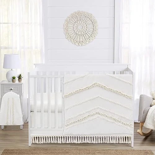 Sweet Jojo Designs Ivory Boho Chic Boy Girl Baby Crib Bedding Set Infant Nursery Room Solid Color Beige Cream Gender Nuetral Bohemian Modern Farmhouse Designer Unisex Tassel Fringe Macrame Cotton