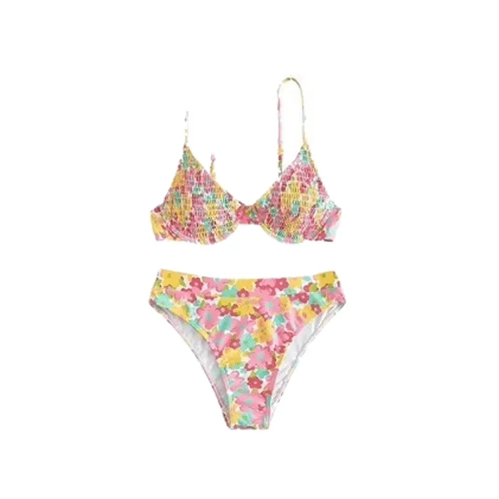 Swimsuit Women's L Size 1-Piece 2025 New Color Printed Pleated Bikini Steel Support Small Chest Gathered Split Ins Hot