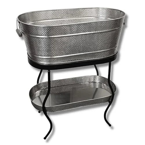 TableCraft GTSS2313N Brickhouse Beverage Tub Set, 12.75 Gallons, 27.5′ x 15′ x 32′ Silver, Includes Stand, Accessory & Condensation Trays, Stainless Steel & Wood, Ideal for Indoor/Outdoor Events