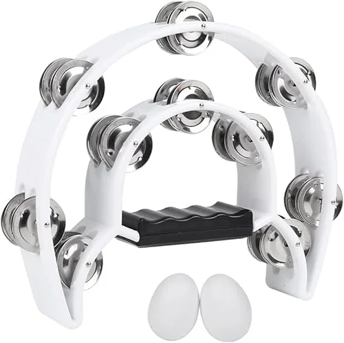 Tambourine Musical Instrument for Adults Church – 10 Inch Half Moon Tambourines with Egg Shakers Double Row Metal Jingles Handheld Percussion Instruments for Dance Party Events KTV (White)
