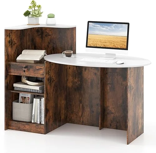 Tangkula Reception Desk, Front Counter Desk with Lockable Drawers, L Shaped Retail Counter with Oval Desktop, Checkout Computer Workstation for Salon Lobby Office, Home Office Desk