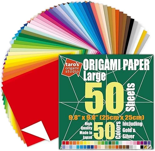 [Taro's Origami Studio] Large 10 Inch One Sided 50 Colors 50 Sheets Square Easy Fold Premium Japanese Paper for Beginner (Gold and Silver Included) Made in Japan