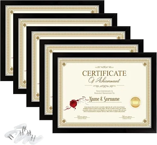 Tasybox 8.5×11 Document Frame Certificate Diploma Frame with High Definition Glass, 5 Pack Picture Frames for Wall and Tabletop, Black