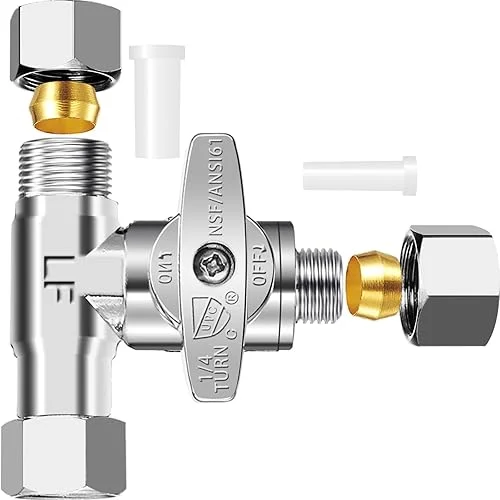 Tee Stop Valve – 3/8 Comp x 3/8 Comp x 1/4 Comp Brass Add-A-Tee Valve,Feed Water Adapter for Refrigerator,Ice Maker,Reverse Osmosis(RO) Water Filters,1/4 Comp Outlet Water Line Splitter