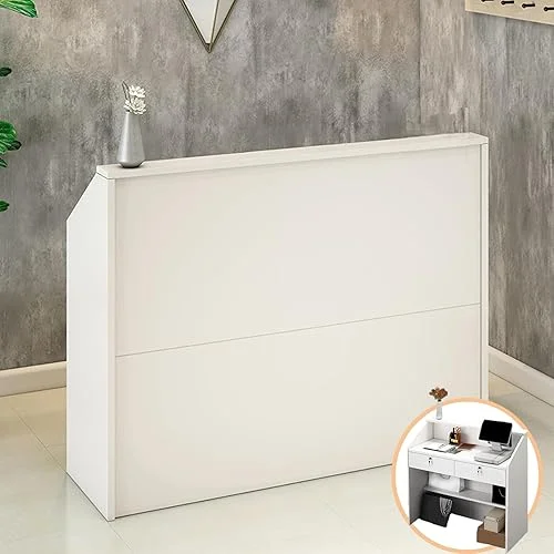TEENKON Reception Desk with Counter, Modern Front Desk with Lockable Drawers, White Retail Counter for Checkout Salon, Lobby, Store, Small Wood Cashier Table with Grommet (White, 39X15X36 inches)