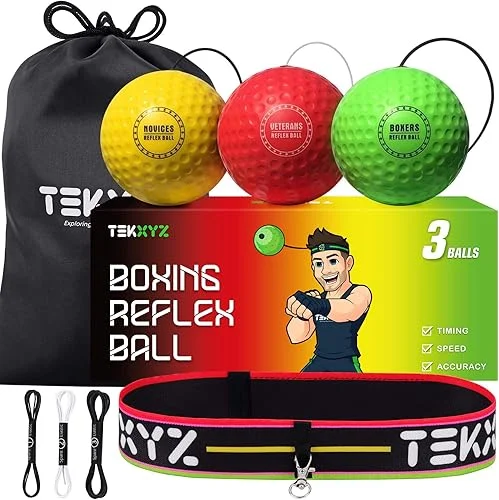 TEKXYZ Boxing Reflex Ball, 3 Difficulty Levels Boxing Ball with Headband, Softer Than Tennis Ball, Perfect for Reaction, Agility, Punching Speed, Fight Skill and Hand Eye Coordination Training