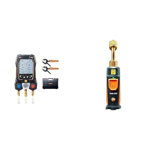 Testo 550s AC Manifold Gauge Set – Manifold Gauges HVAC and Refrigeration – Incl. 2X 115i Pipe Clamp Thermometer & 552i App-Controlled Wireless Vacuum Probe I for HVAC Systems – with Bluetooth