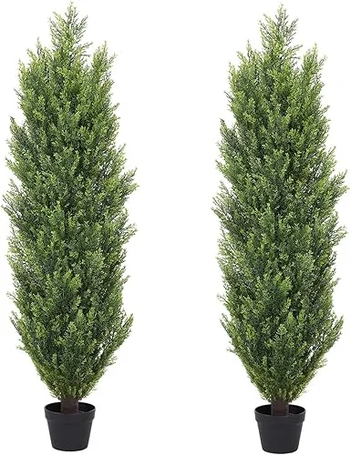 THE BLOOM TIMES 4ft Topiary Trees Artificial Outdoor – UV Resistant Faux Cedar Pine Cypress Bushes and Shrubs, Fake Potted Plants for Front Porch Outside Planter Patio Decor, Set of 2 (4 Foot)