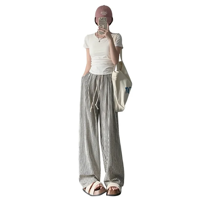 Thin High Waisted Casual Loose Wide Leg Pants In White Regular Style S