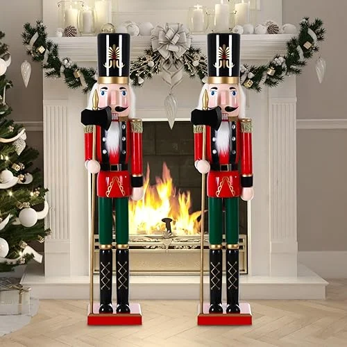 Thyle 2 Pieces 32 Inch Christmas Wooden Nutcracker Figures Xmas Large Nutcracker Soldier Christmas Holiday Soldier Ornament on Stand for Xmas Holiday Garden Lawn Pathway(Cute Style)
