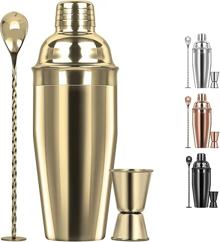 Tiawudi Large 24oz Cocktail Shaker Set, Stainless Steel 18/8 Martini Mixer Shaker with Built-in Strainer, Measuring Jigger & Mixing Spoon, Martini Shaker Set, Perfect for Bartender and Home Use, Gold