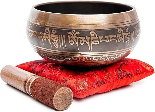 Tibetan Singing Bowl Set – 4′ Easy To Play Authentic Handmade For Meditation Sound 7 Chakra Healing By Himalayan Bazaar (Brown & Red)