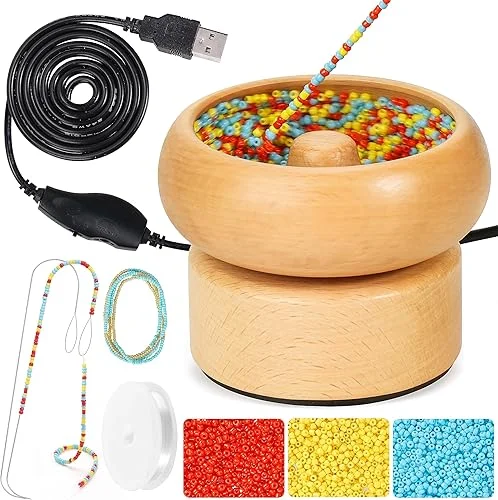Tilhumt Electric Bead Spinner for Jewelry Making, Stepless Speed & Forward/Reverse Direction, Wooden Bead Spinner with 3000 Seed Beads and 2 Large Eye Needles for Bracelets Necklace and Waist Chains