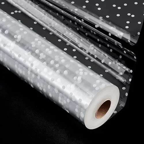 TIMEUPRISE 100 ft Clear Cellophane Wrap Roll (100 Ft x 34 in), 3 Mil Thicken Irregular White Dot Cellophane Gift Wrapping Paper Roll for Flower Bouquet Christmas Gift Baskets Wrap Extra Wide