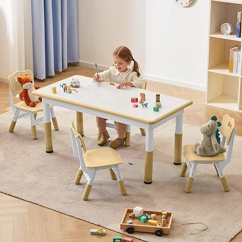 Toddler Table and Chairs Set for 4, 47.2''L x 23.6''W Kids Study Table and Chair Set, Height-Adjustable, Graffiti Desktop, Children Activity Table for Daycare, Classroom, Home