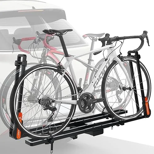 TOOENJOY Folding Hitch Bike Rack, Heavy Duty Bicycle Carrier Platform with Single Load Arm and Tier Strap, Fits 2′ Hitch Receiver for SUV Pickup Truck, 2-Bike Capacity