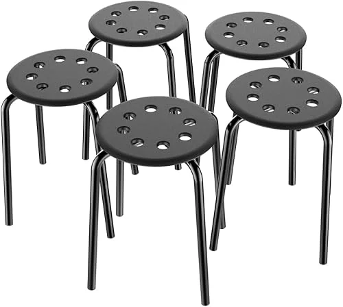 Topeakmart Set of 5 Commercial Plastic Stackable Stools Round Top Backless Stool Metal Leg 17.3in Height Black