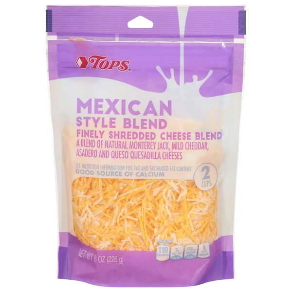 TOPS Mexican 4 Cheese Blend Monterey Jack, Cheddar, Asadero, And Queso Quesadilla Fancy Shredded Cheeses