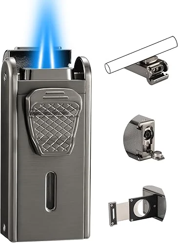 Torch Lighter, All in One Jet Flame Butane Lighter Built-in Cutter, Punch, Holder Function, Refillable and Adjustable Windproof Gas Lighter, Mens Gifts. Black(Sold Without Gas)