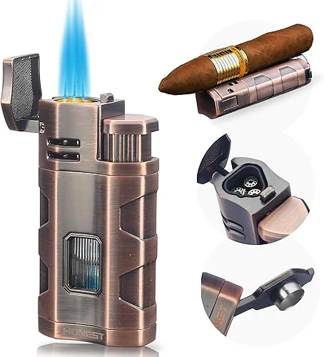 Torch Lighter Triple Jet Flame Refillable Butane Cigar Lighter Windproof Lighter with Cigar Punch Rest Holder – Butane Not Included (Red Copper)
