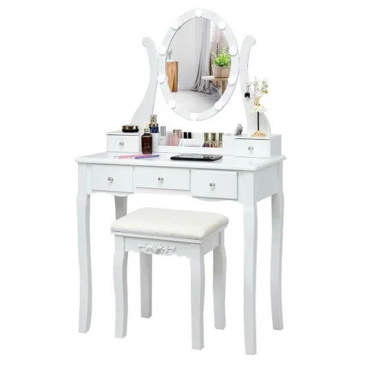 Touch Switch Makeup Dressing Vanity Table Set with 10 Light Bulbs-White