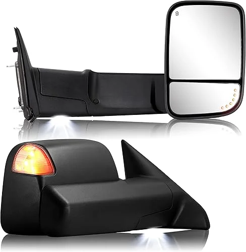 Towing Mirror for Dodge Ram – Replacement fit for 2009-2018 Dodge Ram 1500 2500 3500 Pickup Truck with Power Adjusted Glass Heated LED Turn Signal Light Puddle Lamp Temp Sensor Flip Up Pair Set