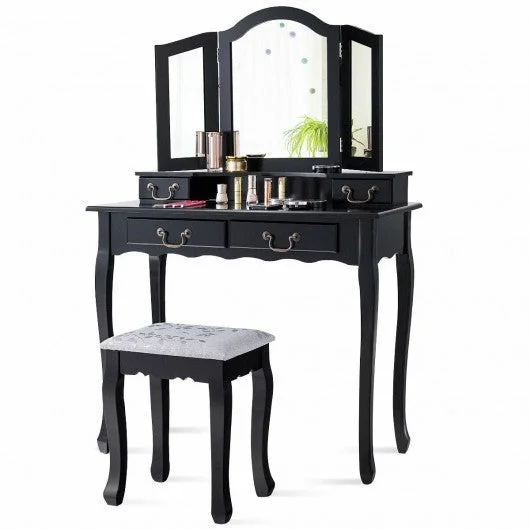 Tri Folding Mirror Makeup Dressing Vanity Set with 4 Drawers-Black