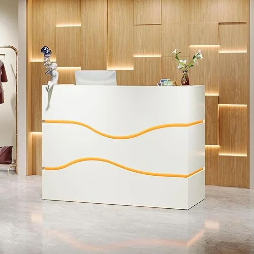 Tribesigns Modern Reception Desk with 7-Color LED Lights, 55.12-Inch Front Desk Reception Counter, Checkout Counter for Reception Room, Lobby, Retail, Store, Shop, Beauty Salon (White & Rose Red)