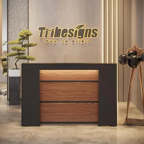 Tribesigns Modern Reception Desk with LED Lights, 63 Inches Front Counter Table for Reception Room, Lobby, Beauty Salon, Retail, Large Checkout Counter for Store Shop Clinic Office (Black&Brown)