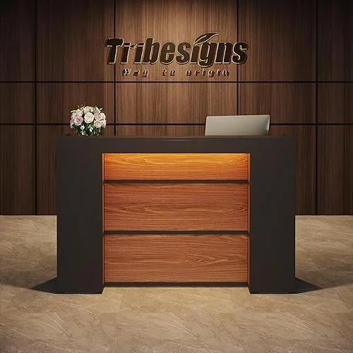 Tribesigns Reception Desk with LED Lights, 63 Inches Front Counter Desk for Checkout, Lobby, Salon, Retail, Modern Large Counter Table for Store Shop Clinic Office (Black&Brown)