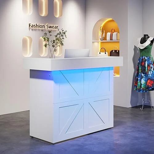 Tribesigns Reception Desk with Light, 55-Inch Front Desk with Cable Grommets, Modern Retail Counter Table for Salon, Lobby, Shop, Office Reception Room (White)