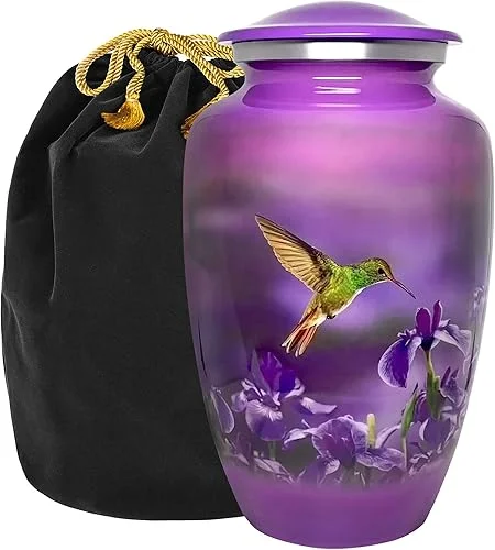 Trupoint Memorials Urns for Human Ashes Adult Female and Male, Decorative Burial Urn, Funeral Cremation Urns for Women and Men – Purple, Hummingbird, Large