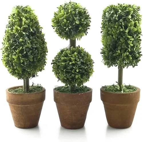 Tuokor Small Artificial Plants 8.25′ Plastic Fake Green Topiary Shrubs with Pot for Home Décor – Set of 3