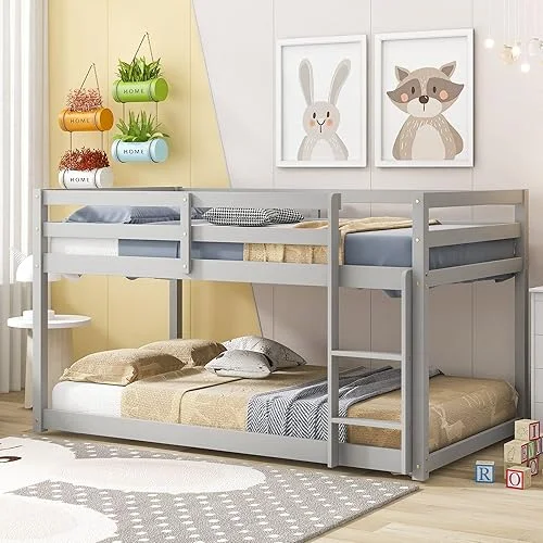 Twin Over Twin Floor Bunk Bed with Ladder and Safety Guardrails, Solid Wood Low Bunk Beds Frame for Teens and Adults, Easy to Assemble, Saving Space, No Box Spring Needed, Gray