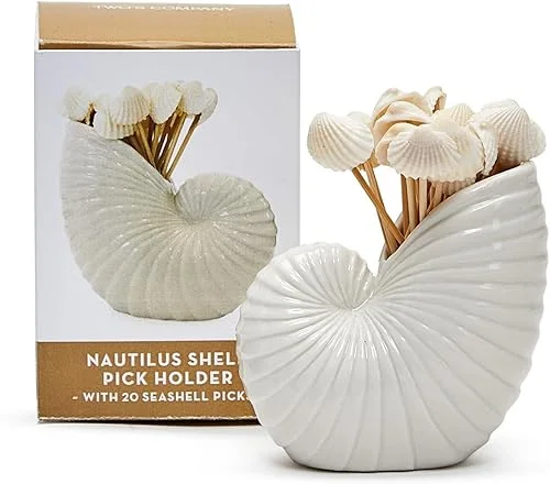 Two's Company Nautilus Shell with 20 Seashell Picks, 3-inch Height, Ceramic, Toothpick Holder