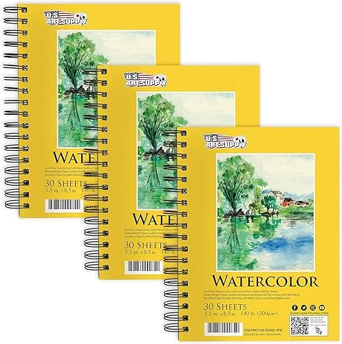U.S. Art Supply 5.5′ x 8.5′ Premium Heavyweight Watercolor Painting Paper Pad, Pack of 3, 30 Sheets Each, 140lb (300gsm) – Spiral Bound, Cold Pressed, Acid-Free, Wet, Mixed Media – Artists, Students