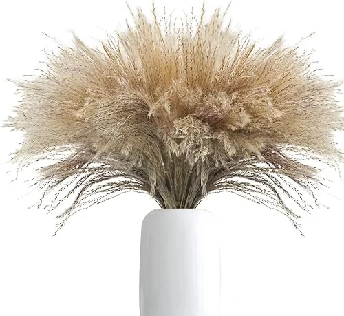 Uieke 100Pcs Natural Dried Pampas Grass Plume 17inch Tall Dried Flowers Large Faux Reed Artificial Plants for Wedding Flower Arrangements Farmhouse Wreath Door Centerpiece Home Décor Brown