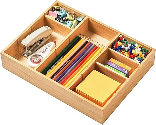 Umilife Desk Drawer Organizer, Bamboo Wood Organizer Tray with Adjustable Compartments, Office Desk Accessories Supplies Organization Storage, 12′ x 9′
