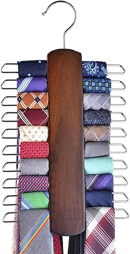 Umo Lorenzo Premium Wooden Necktie and Belt Hanger, Walnut Wood Center Organizer and Storage Rack with a Non-Slip Finish – 20 Hooks (Wooden)…